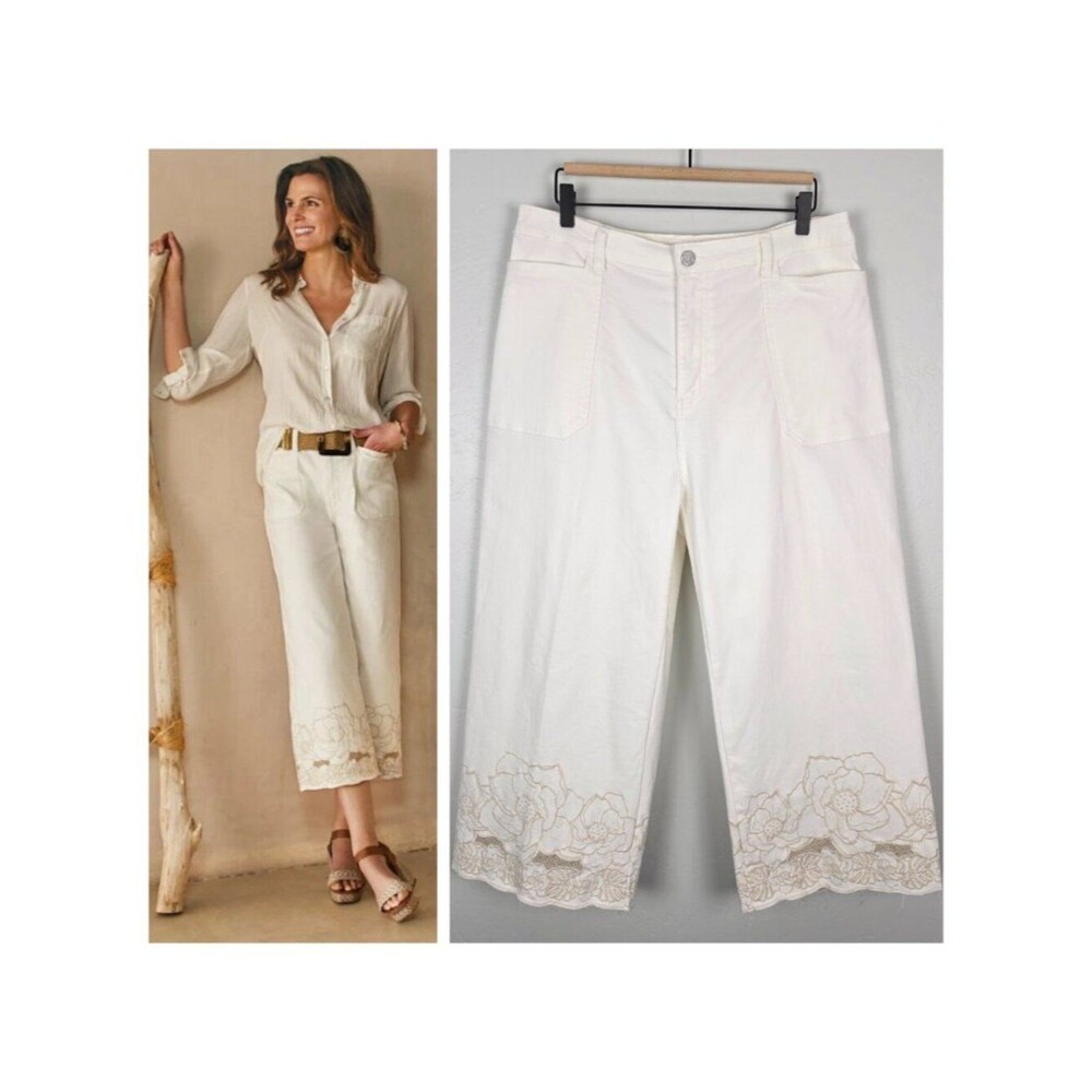 Soft Surroundings The Ultimate Wide Leg Cropped Jeans Embroidered Ivory Size 16